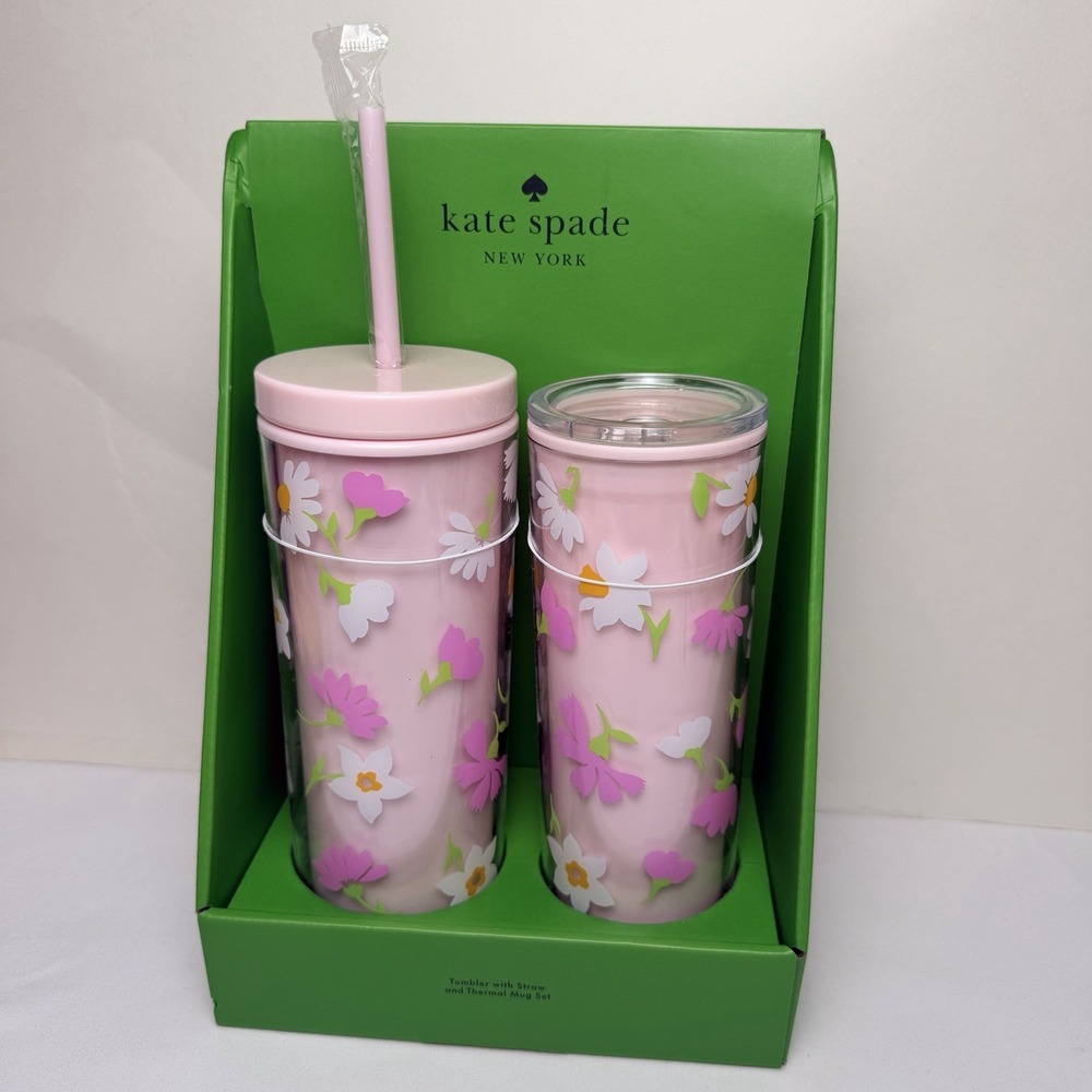 Kate Spade New York Pink Floral Tumbler with Straw and Thermal Mug Set 2pc